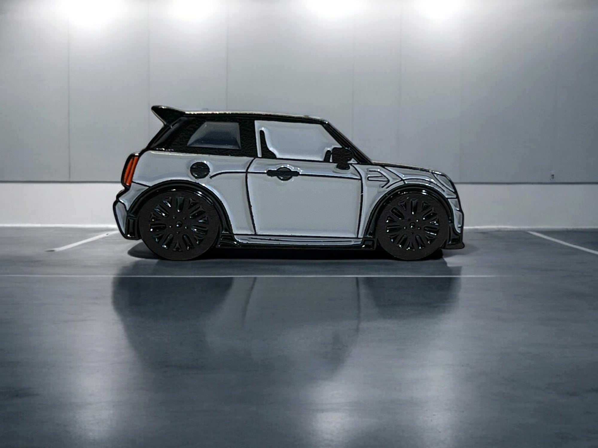 Grey MINI Cooper S JCW soft enamel pin badge — detail view