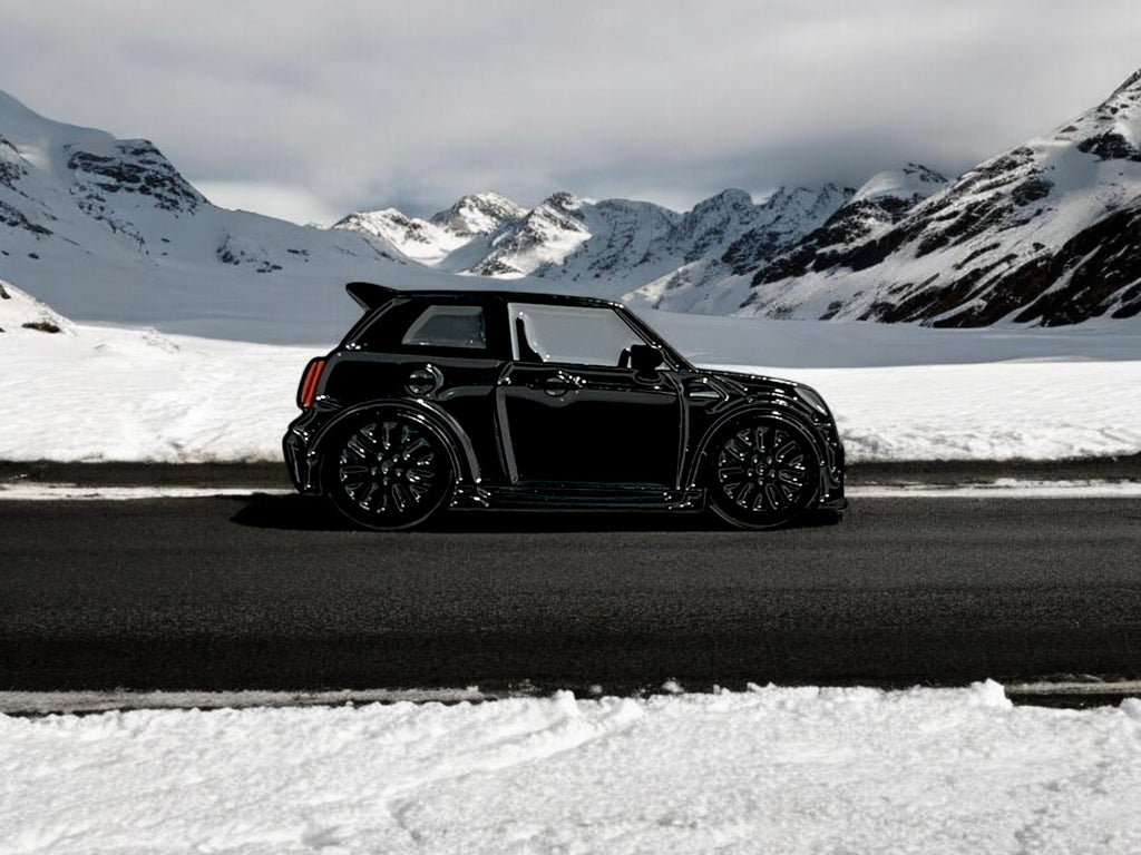Black MINI Cooper S JCW soft enamel pin badge — detail view
