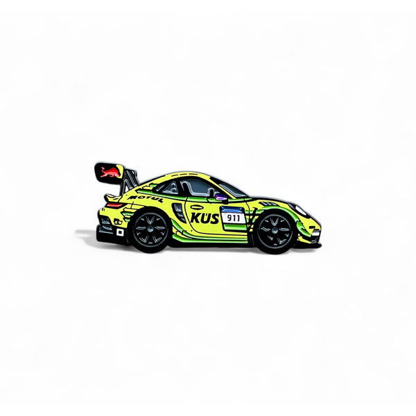 Grello 911 GT3 R endurance racing car soft enamel pin in yellow and green