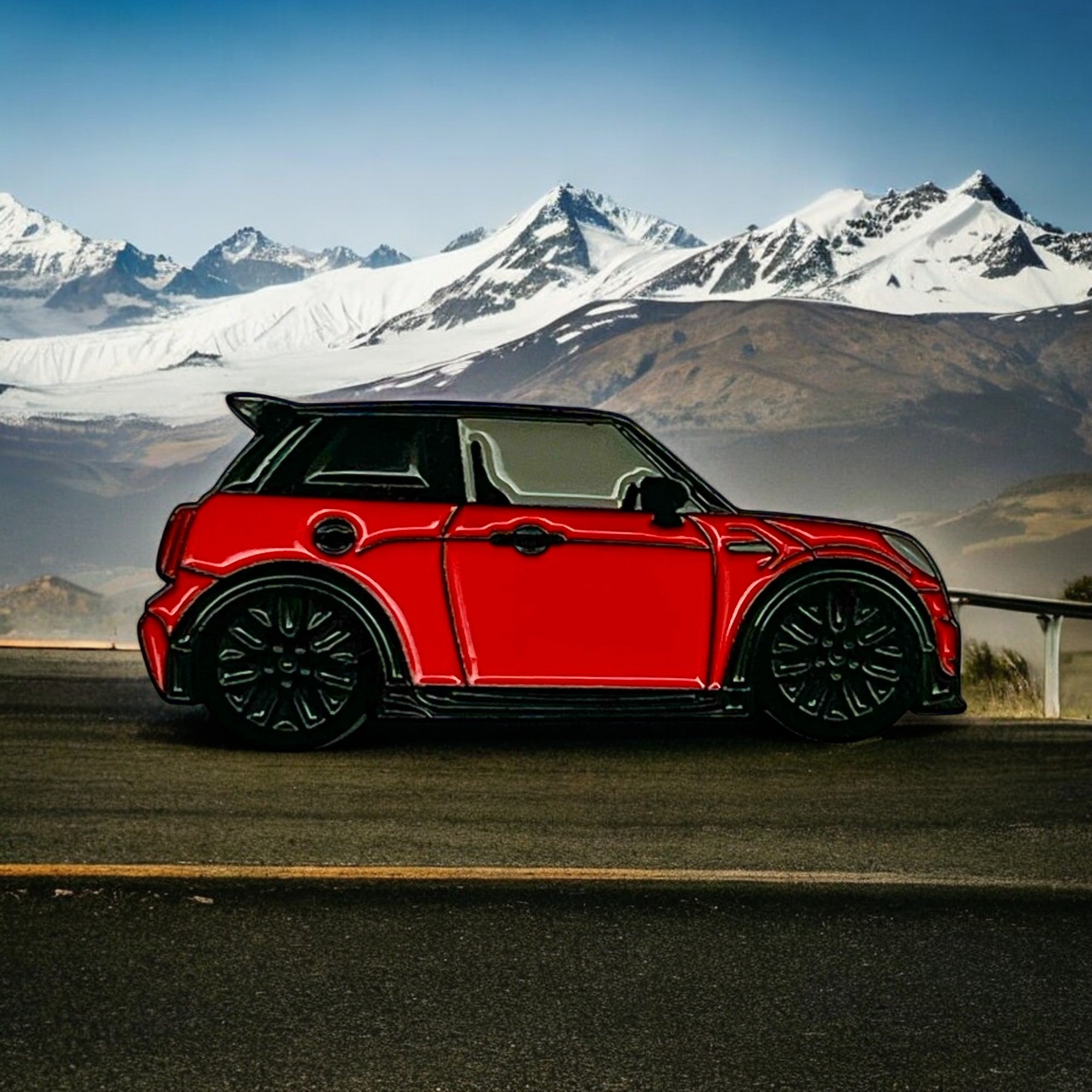Chili Red MINI Cooper S JCW soft enamel pin badge — angled view