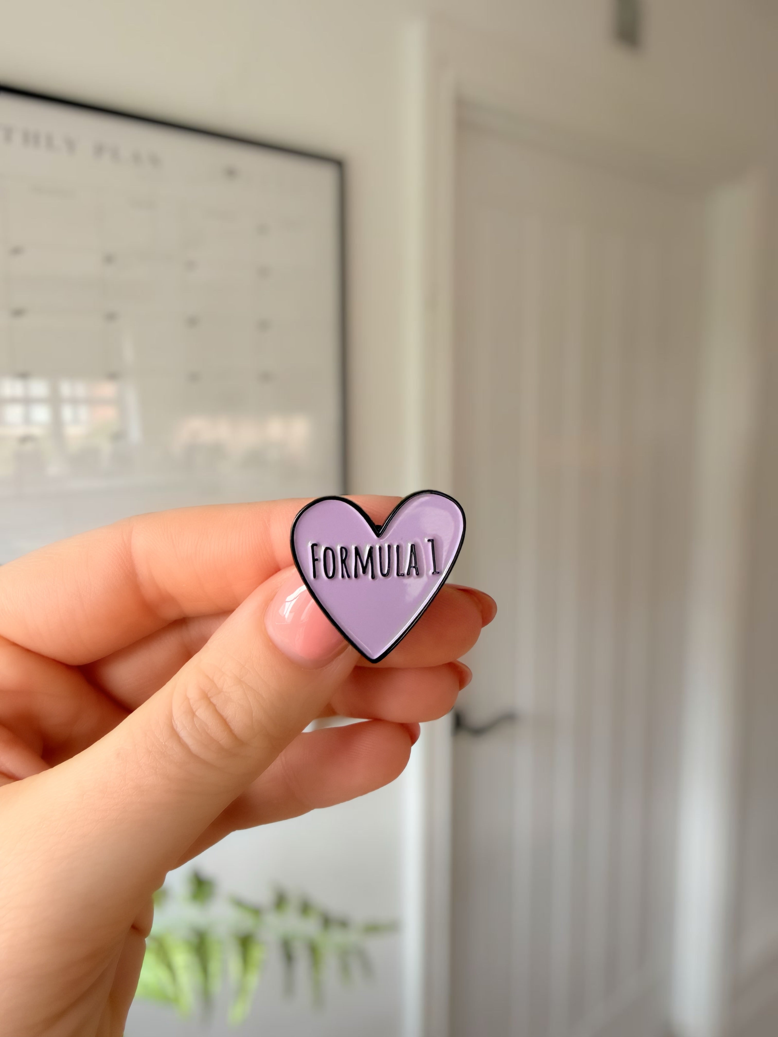 F1 love heart soft enamel pin badge — detail view