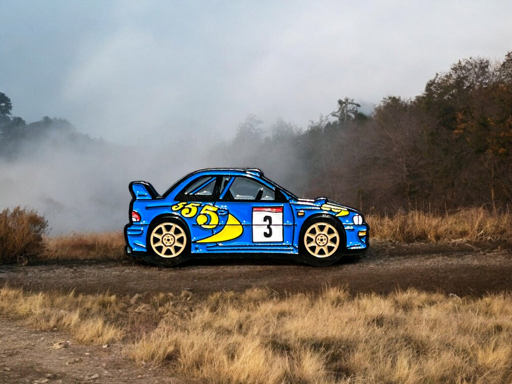 Impreza S3 WRC 97 rally car soft enamel pin — angled view
