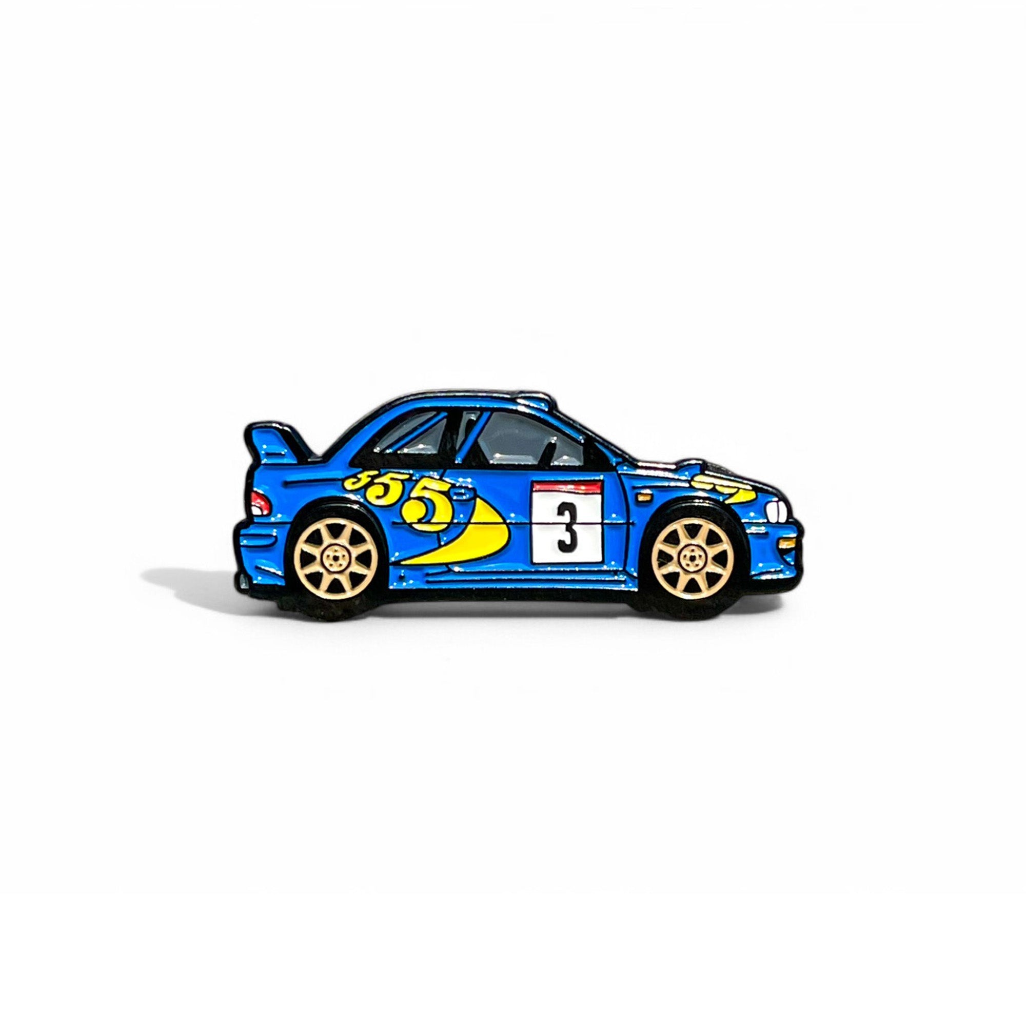 Colin McRae Impreza S3 WRC 97 rally car soft enamel pin in blue and gold