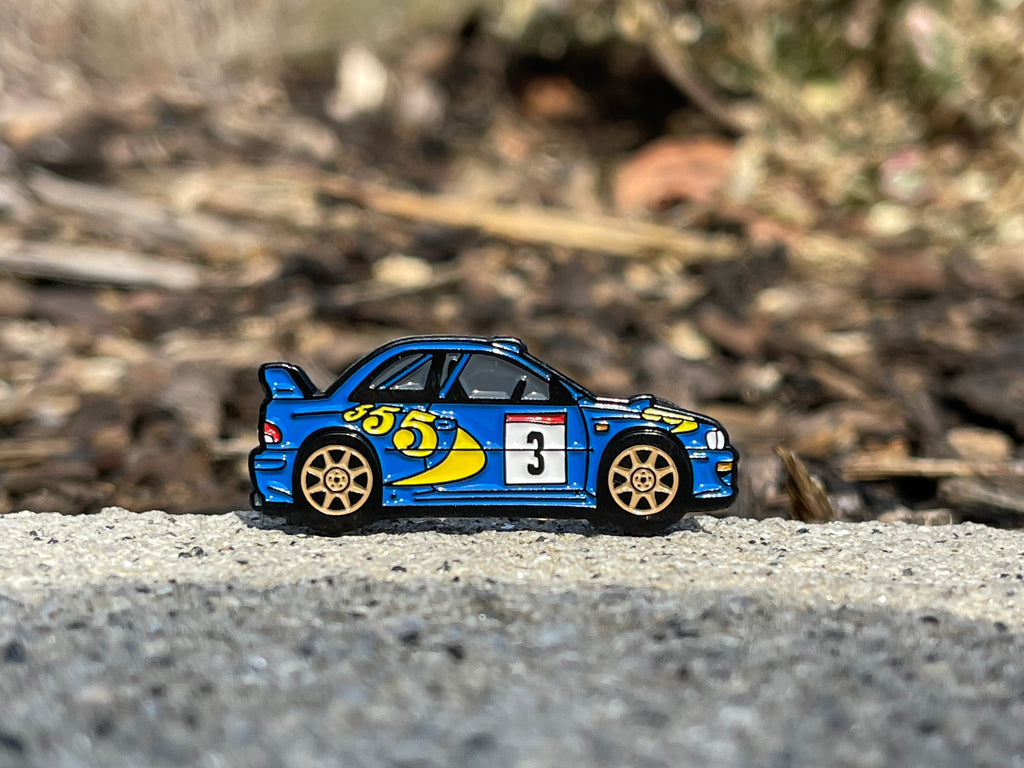 Impreza S3 WRC 97 rally car soft enamel pin — detail view