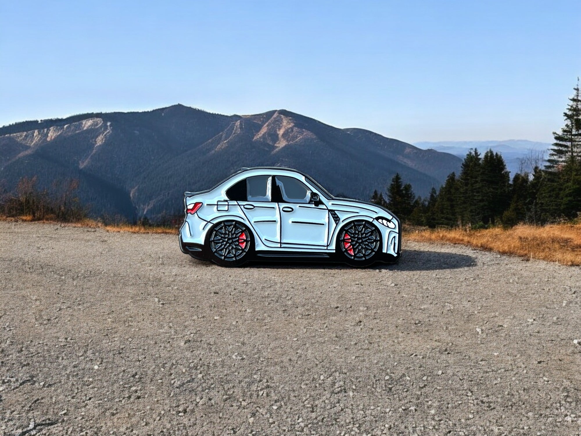 Brooklyn Grey BMW M3 G80 pin badge — angled view