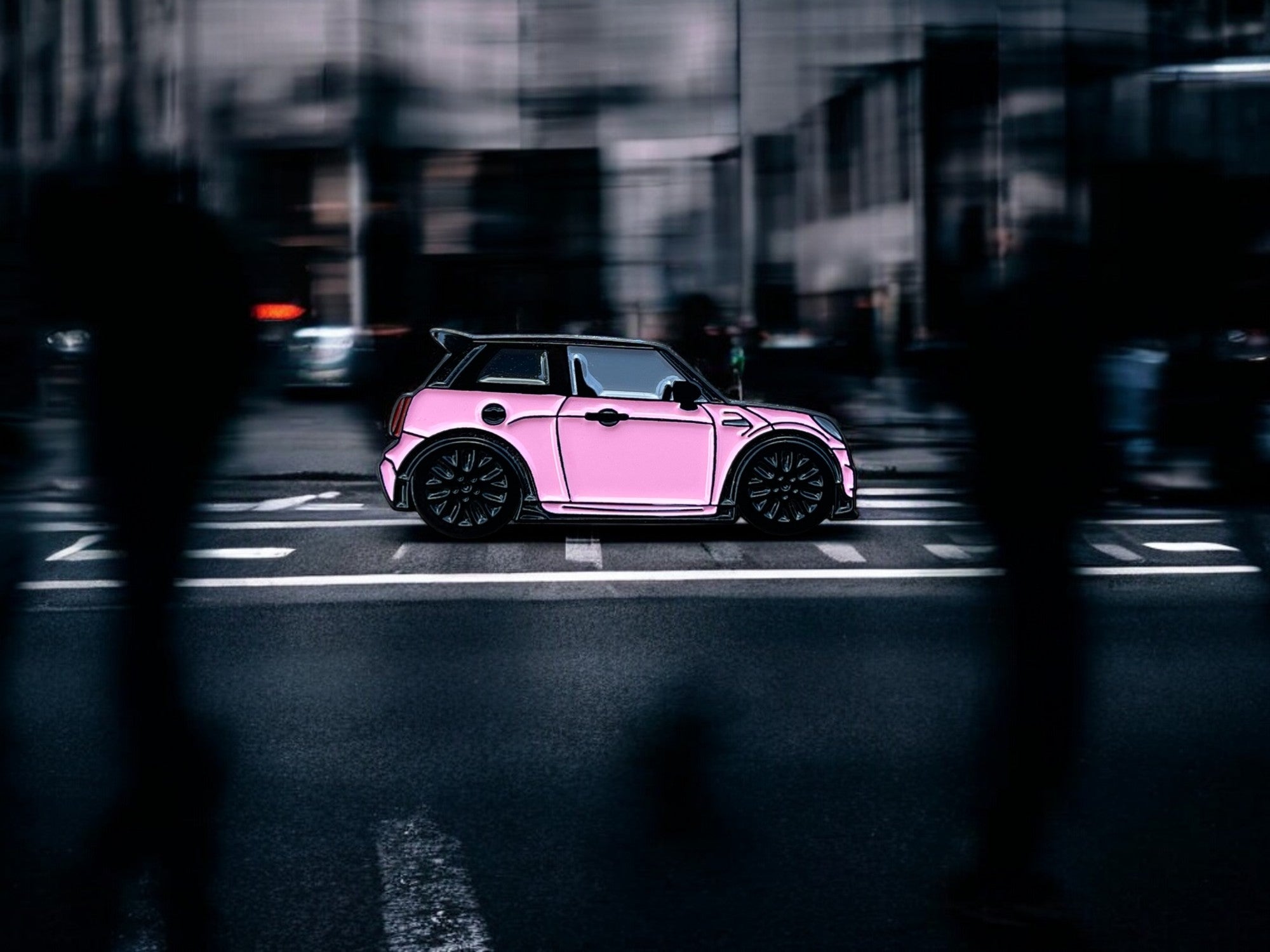 Pink MINI Cooper S JCW soft enamel pin badge — detail view