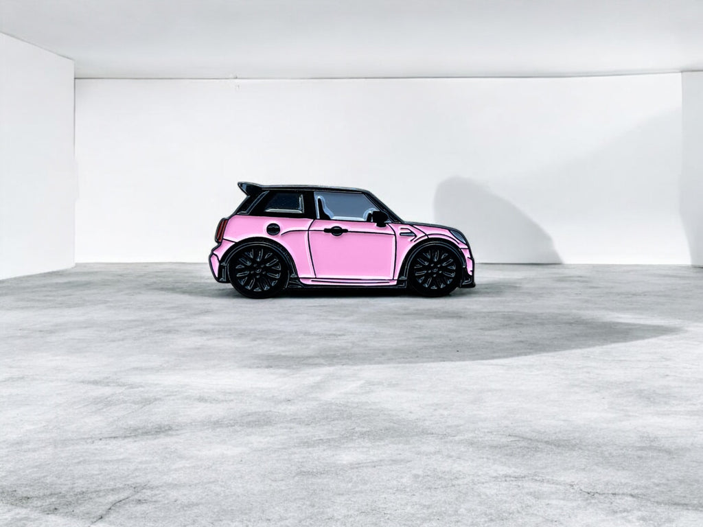 Pink MINI Cooper S JCW soft enamel pin badge — angled view
