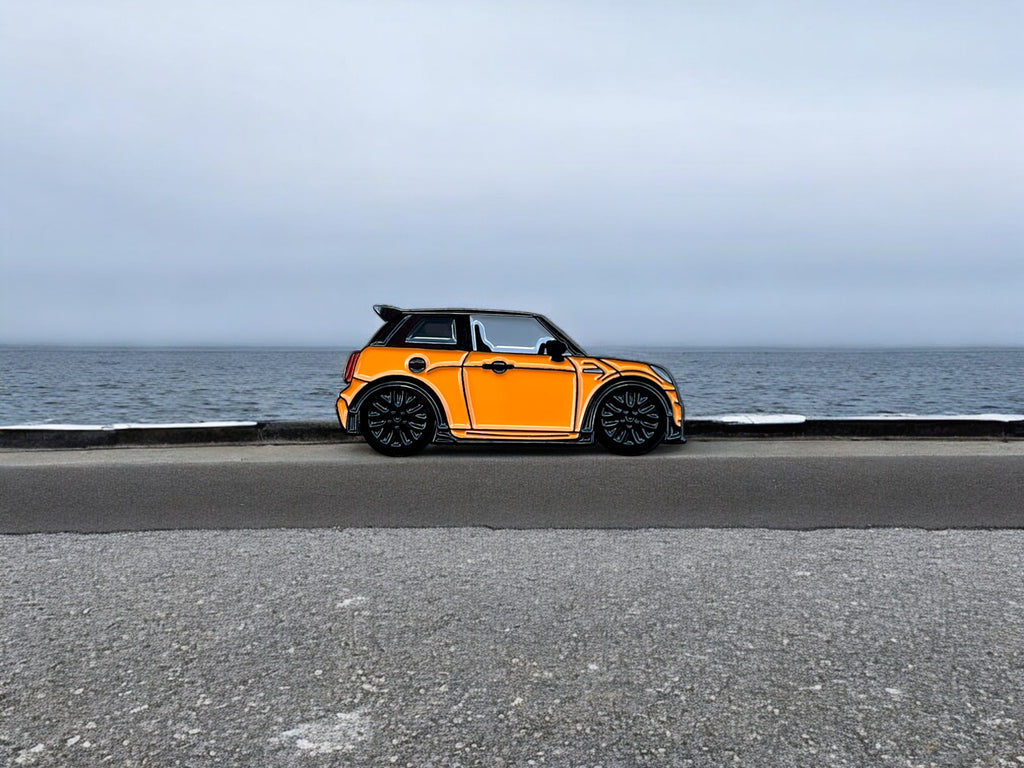 Orange MINI Cooper S JCW soft enamel pin badge — detail view