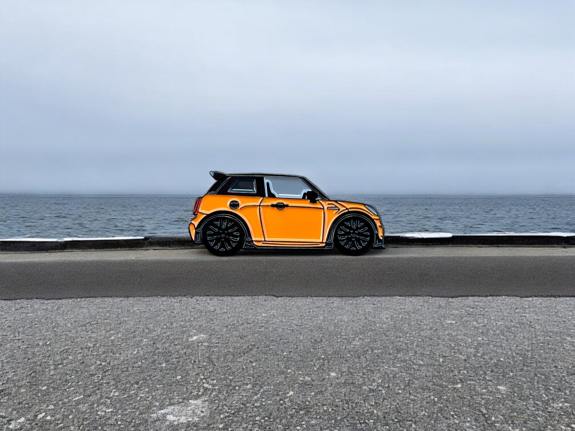 Orange MINI Cooper S JCW soft enamel pin badge — detail view