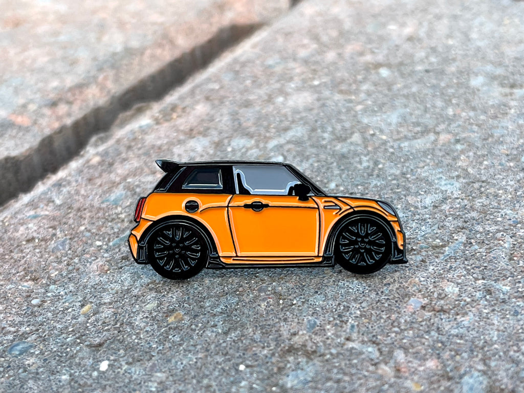 Orange MINI Cooper S JCW soft enamel pin badge — alternate view