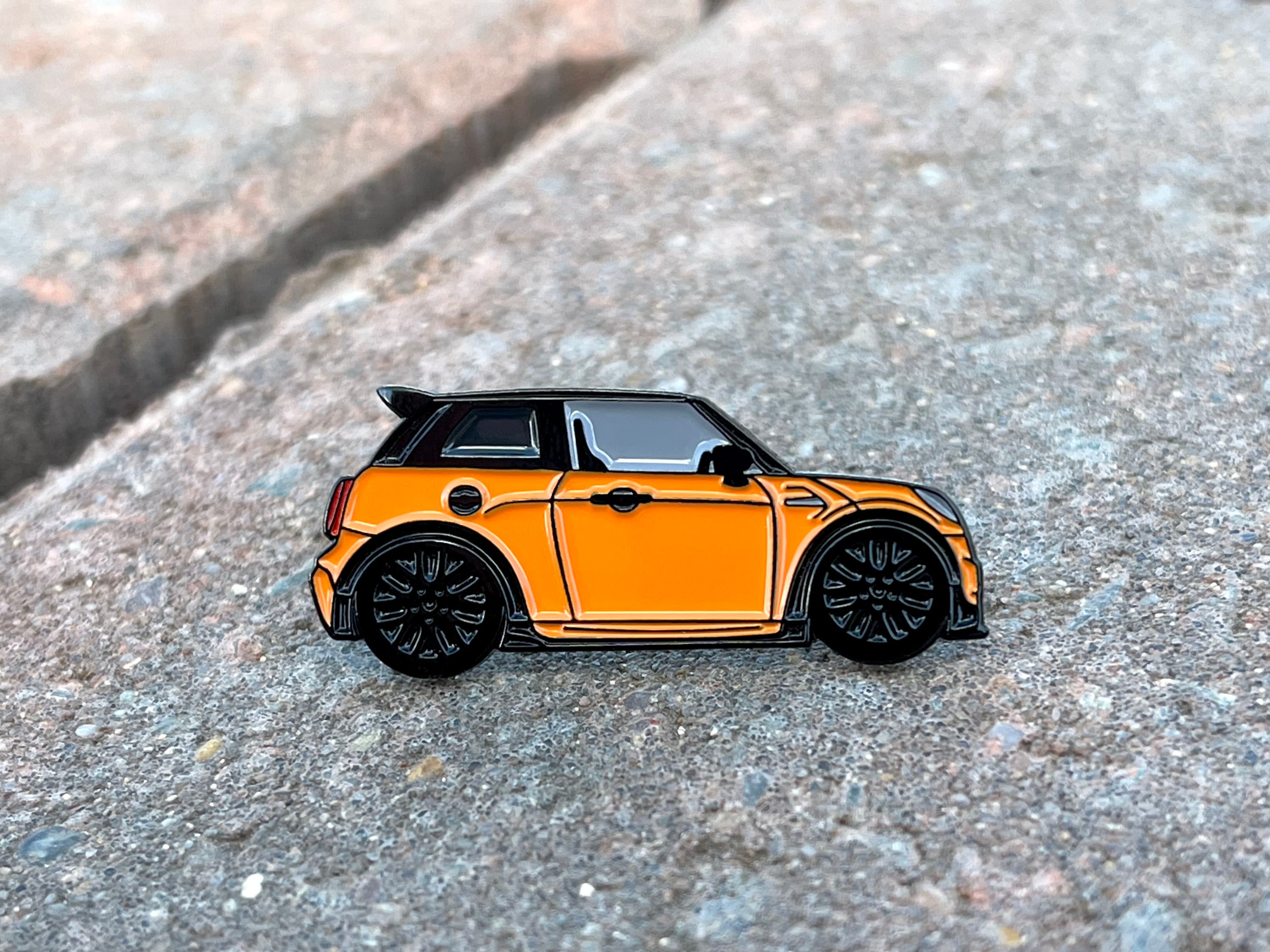 Orange MINI Cooper S JCW soft enamel pin badge — alternate view