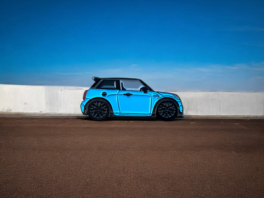 Blue MINI Cooper S JCW soft enamel pin badge — detail view