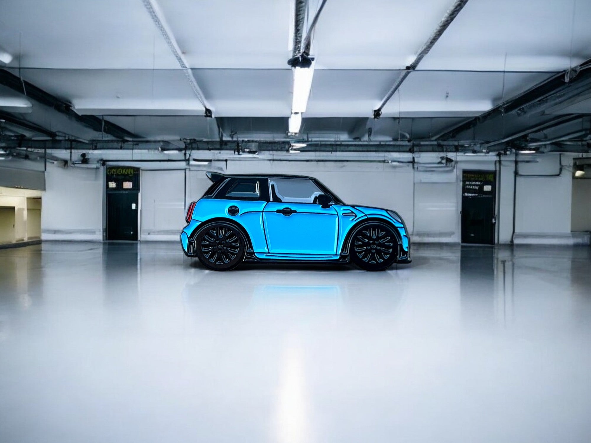 Blue MINI Cooper S JCW soft enamel pin badge — angled view