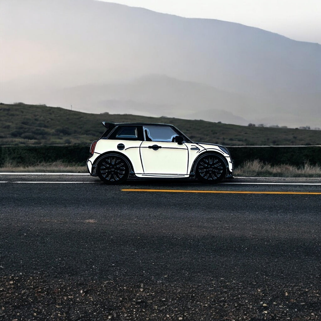 Cream white MINI Cooper S JCW soft enamel pin badge — angled view