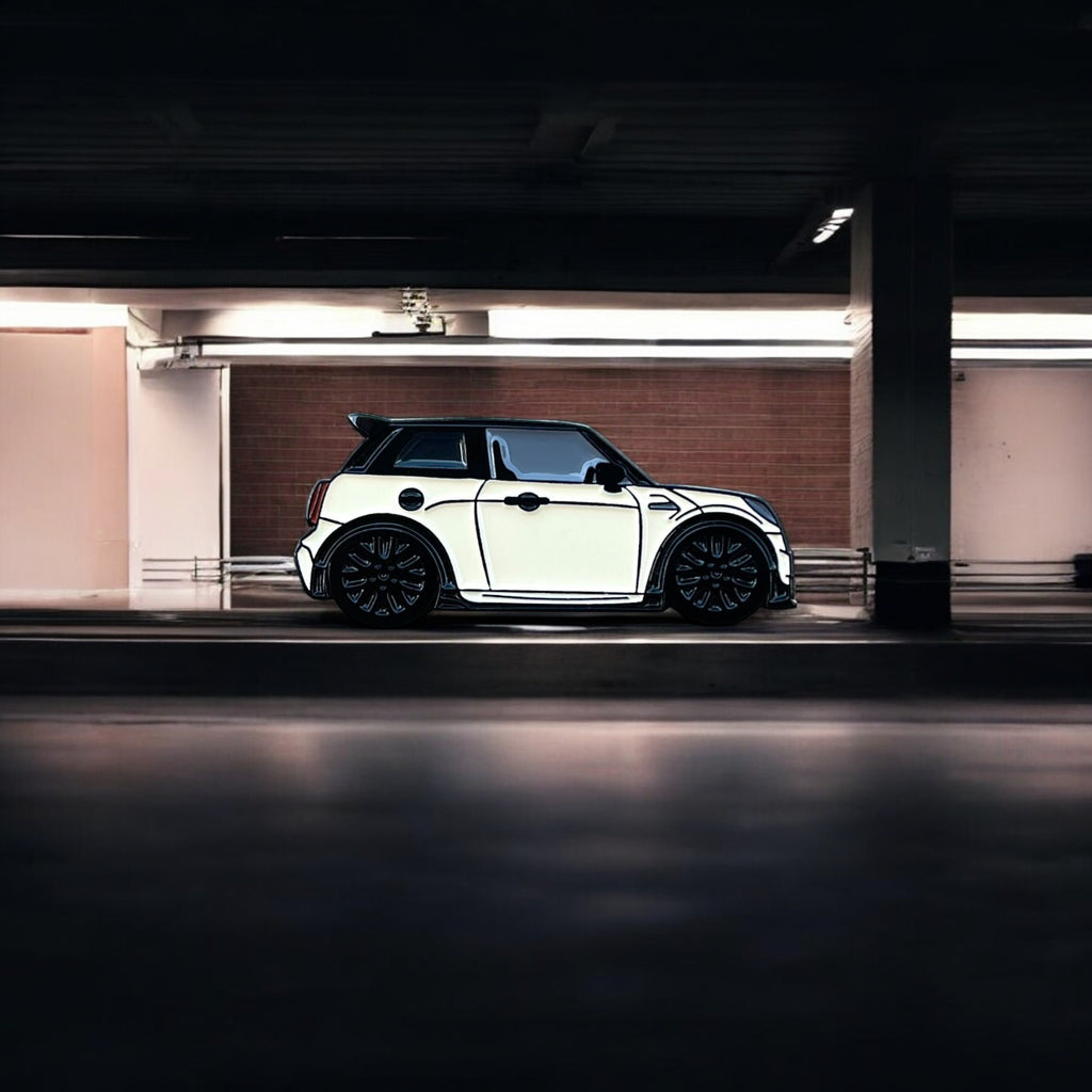 Cream white MINI Cooper S JCW soft enamel pin badge — detail view