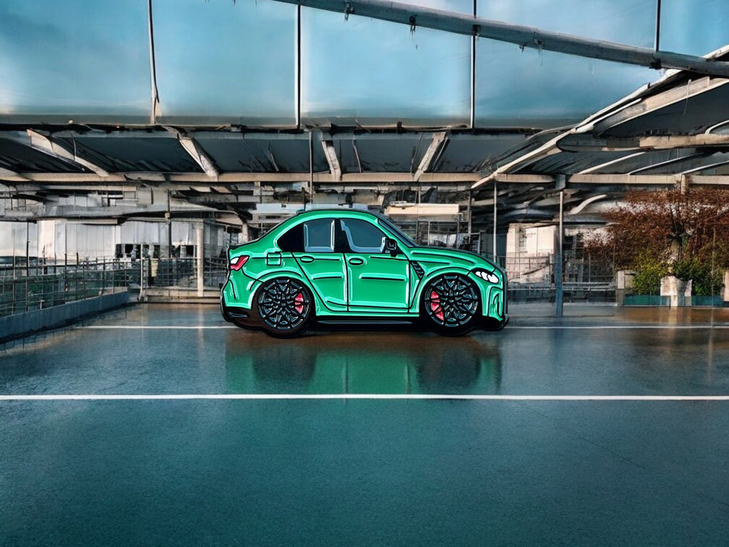 Isle of Man Green BMW M3 G80 pin badge — angled view