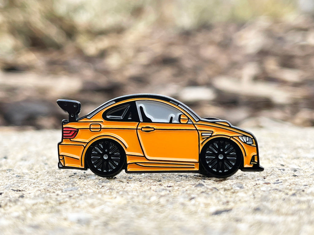 Fire Orange BMW M3 E92 GTS pin badge — alternate view