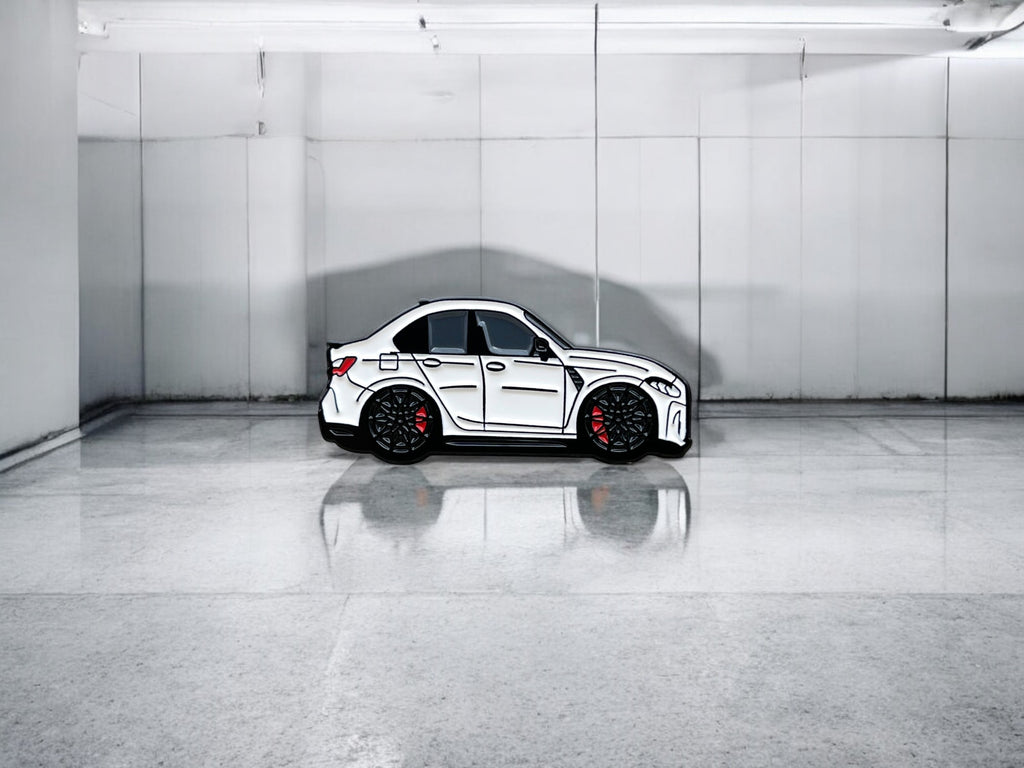 Alpine White BMW M3 G80 pin badge — angled view