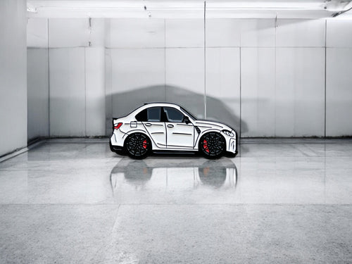 Alpine White BMW M3 G80 pin badge — angled view
