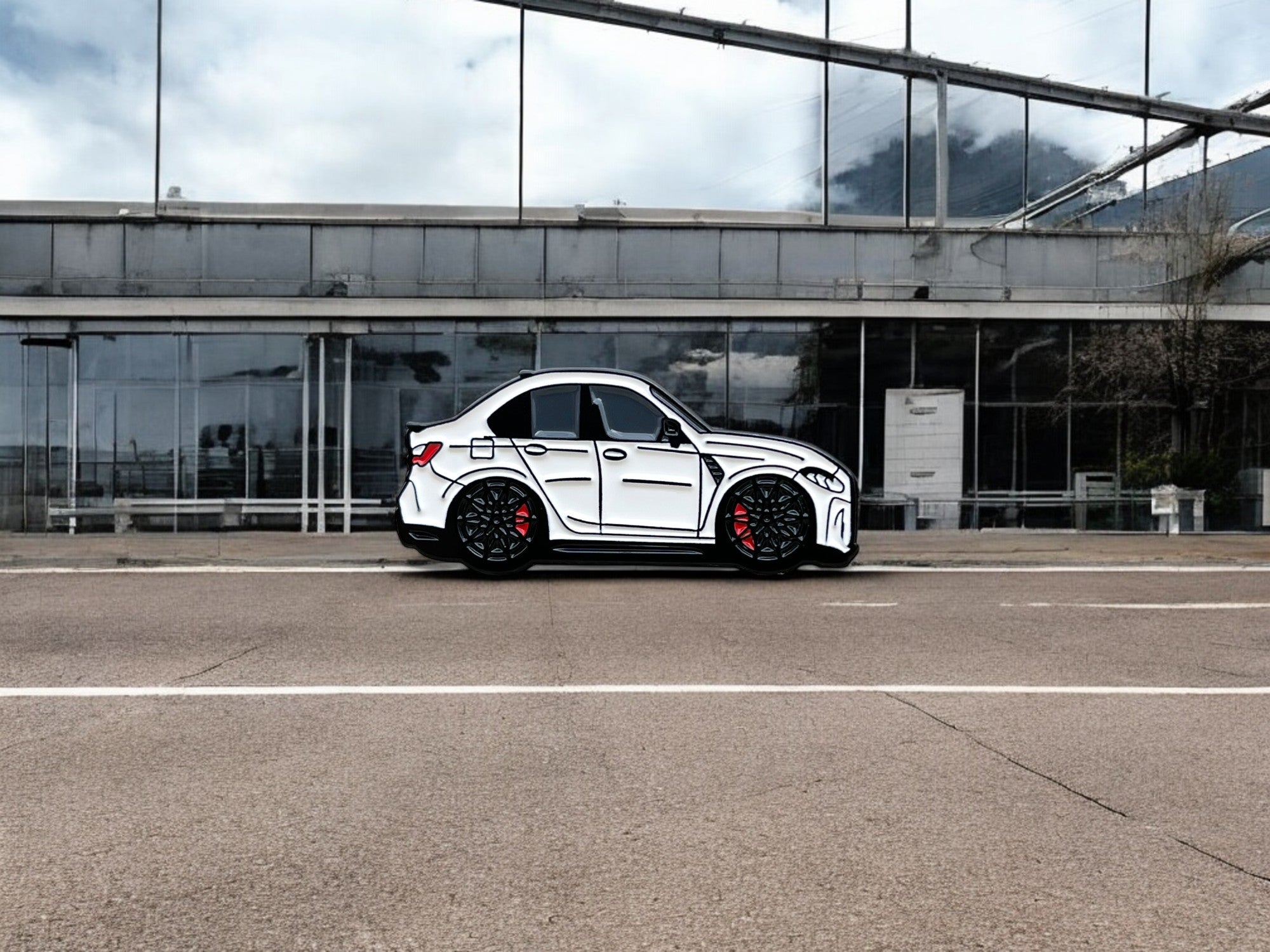Alpine White BMW M3 G80 pin badge — detail view