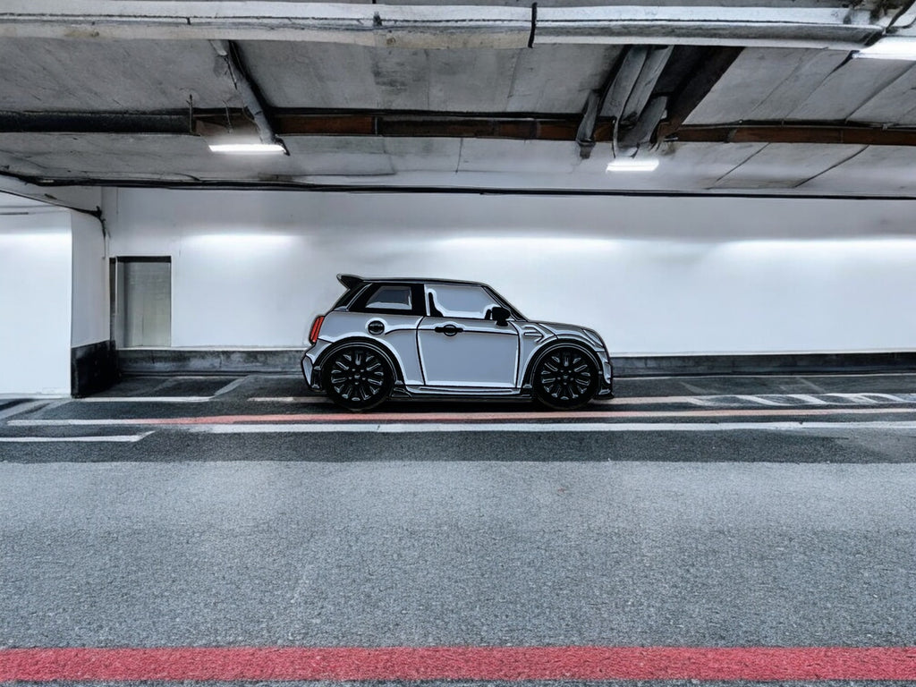 Grey MINI Cooper S JCW soft enamel pin badge — angled view