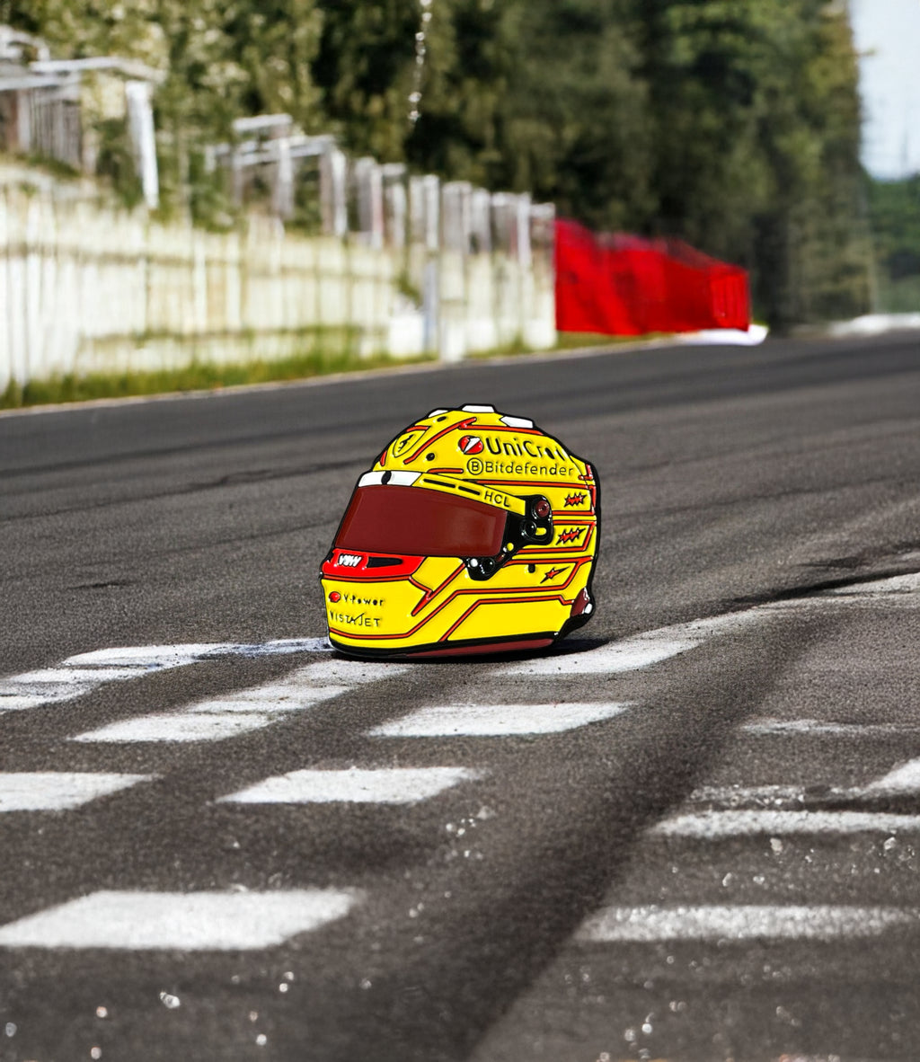 Lewis Hamilton Formula 1 helmet soft enamel pin badge — angled view
