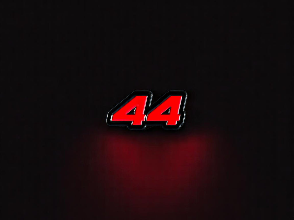 Lewis Hamilton number 44 red soft enamel pin badge — angled view