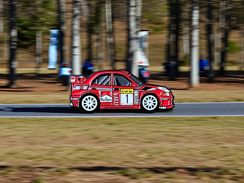 Lancer Evo VI WRC rally car soft enamel pin — angled view