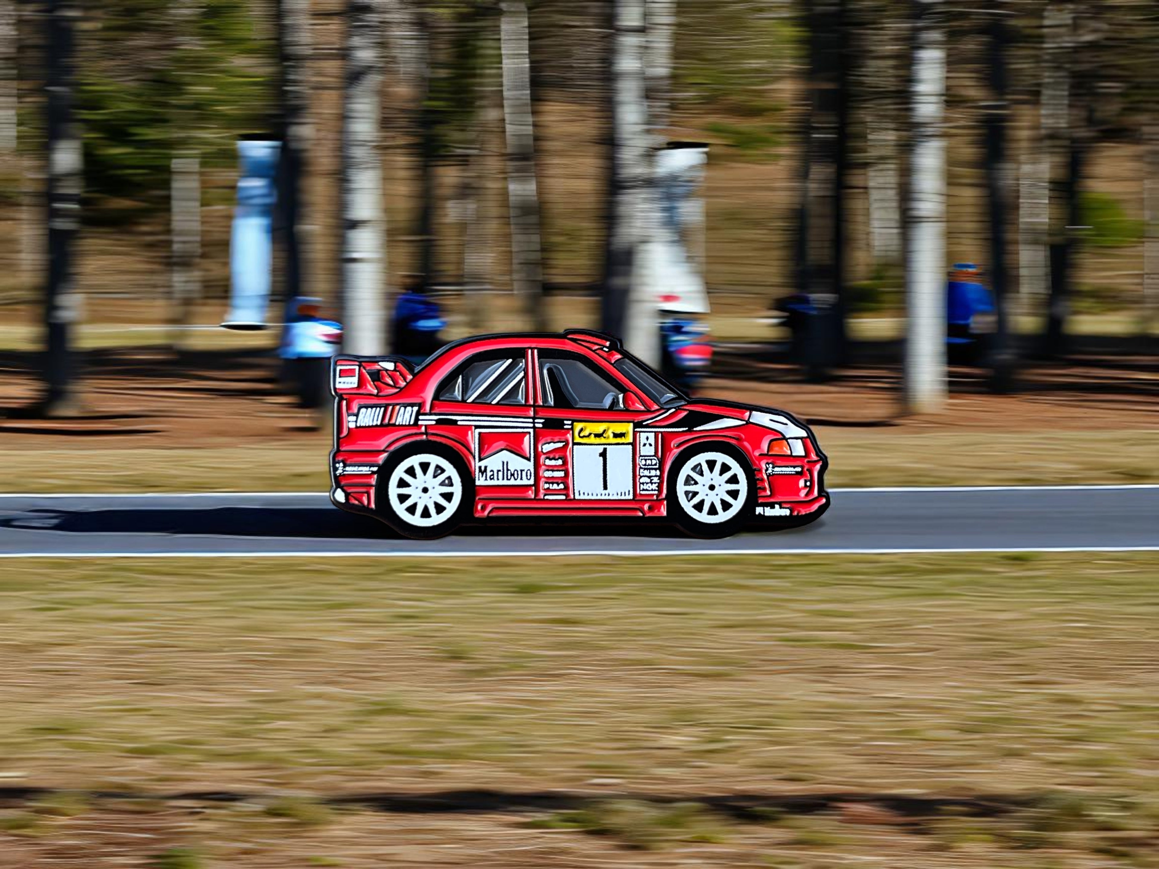 Lancer Evo VI WRC rally car soft enamel pin — angled view