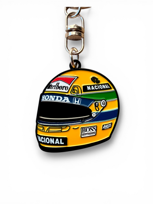 Yellow 1991 F1 championship helmet keyring — angled view