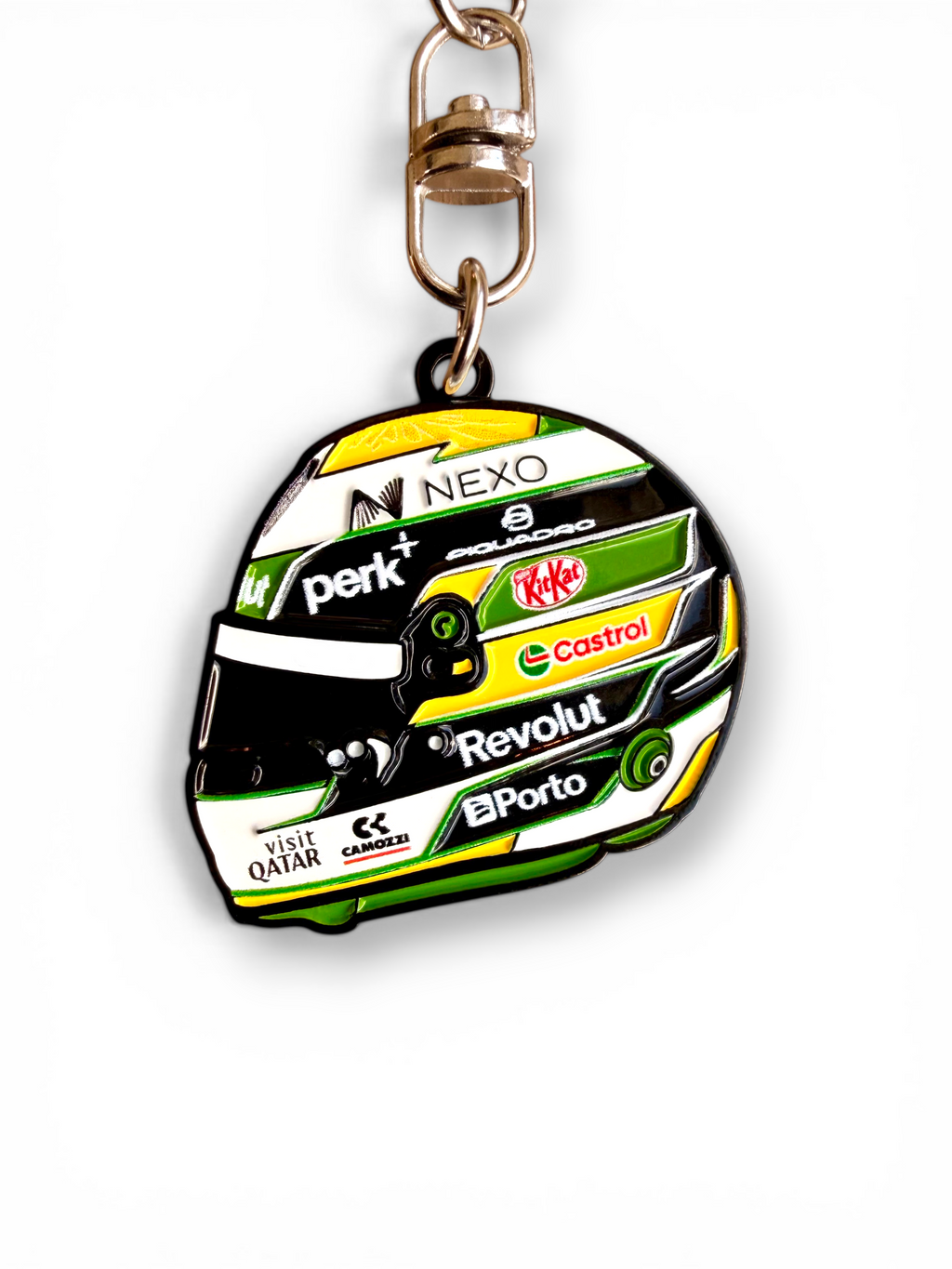 Gabriel Bortoleto 2026 F1 helmet keyring — angled view