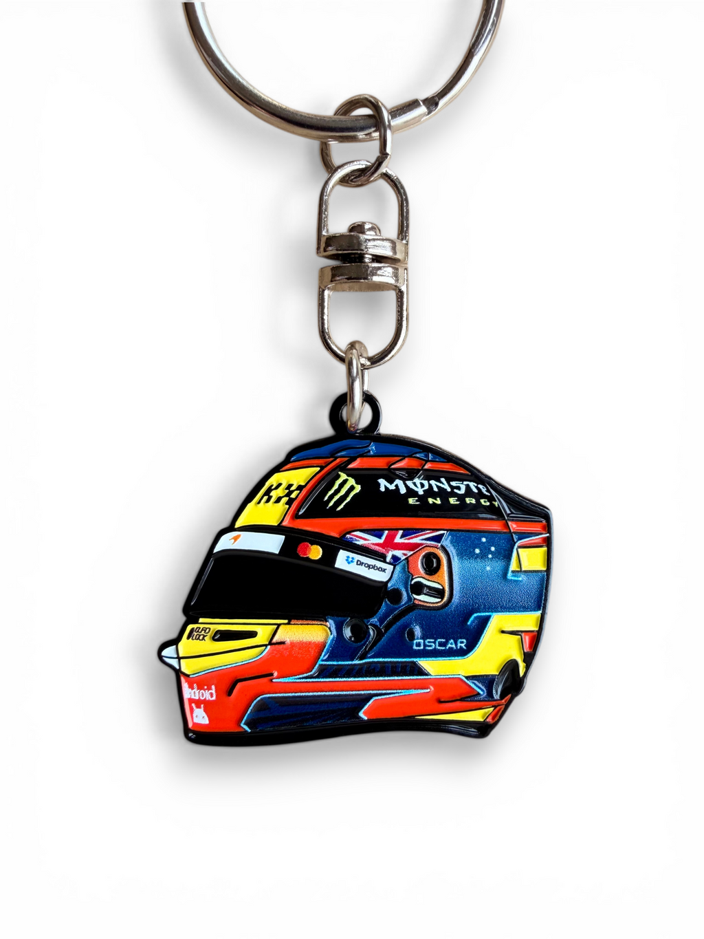 Oscar Piastri 2026 F1 helmet keyring — angled view