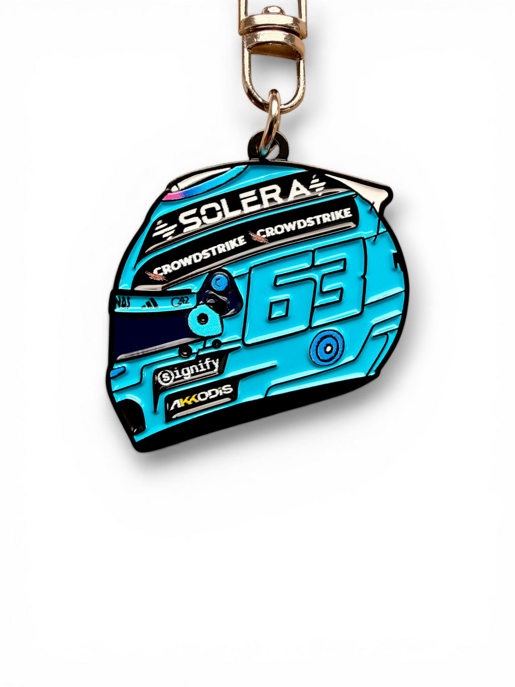 George Russell 2026 F1 helmet keyring — angled view