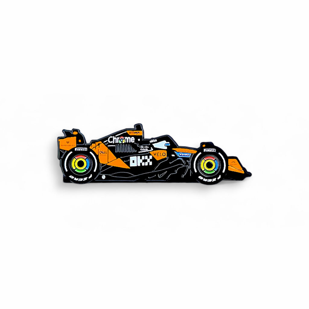 McLaren F1 car soft enamel pin in papaya orange