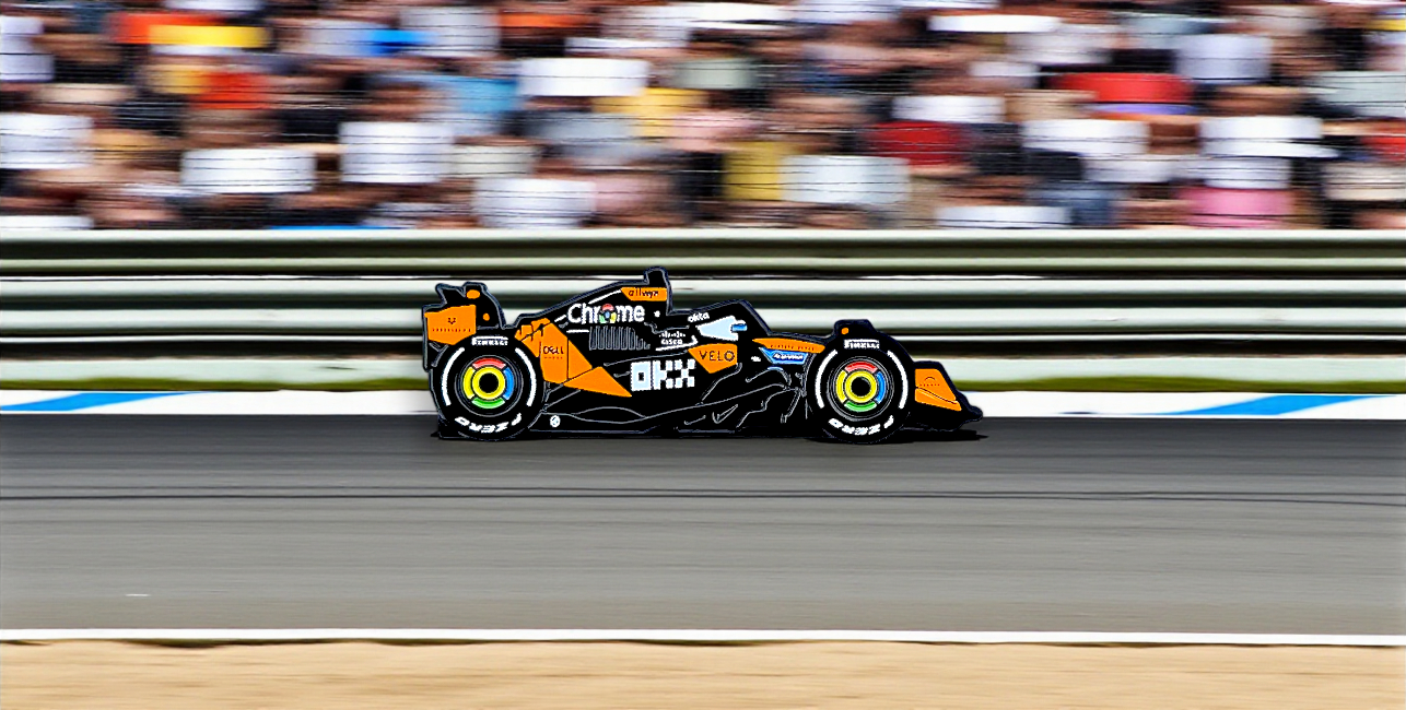 McLaren F1 car soft enamel pin — angled view