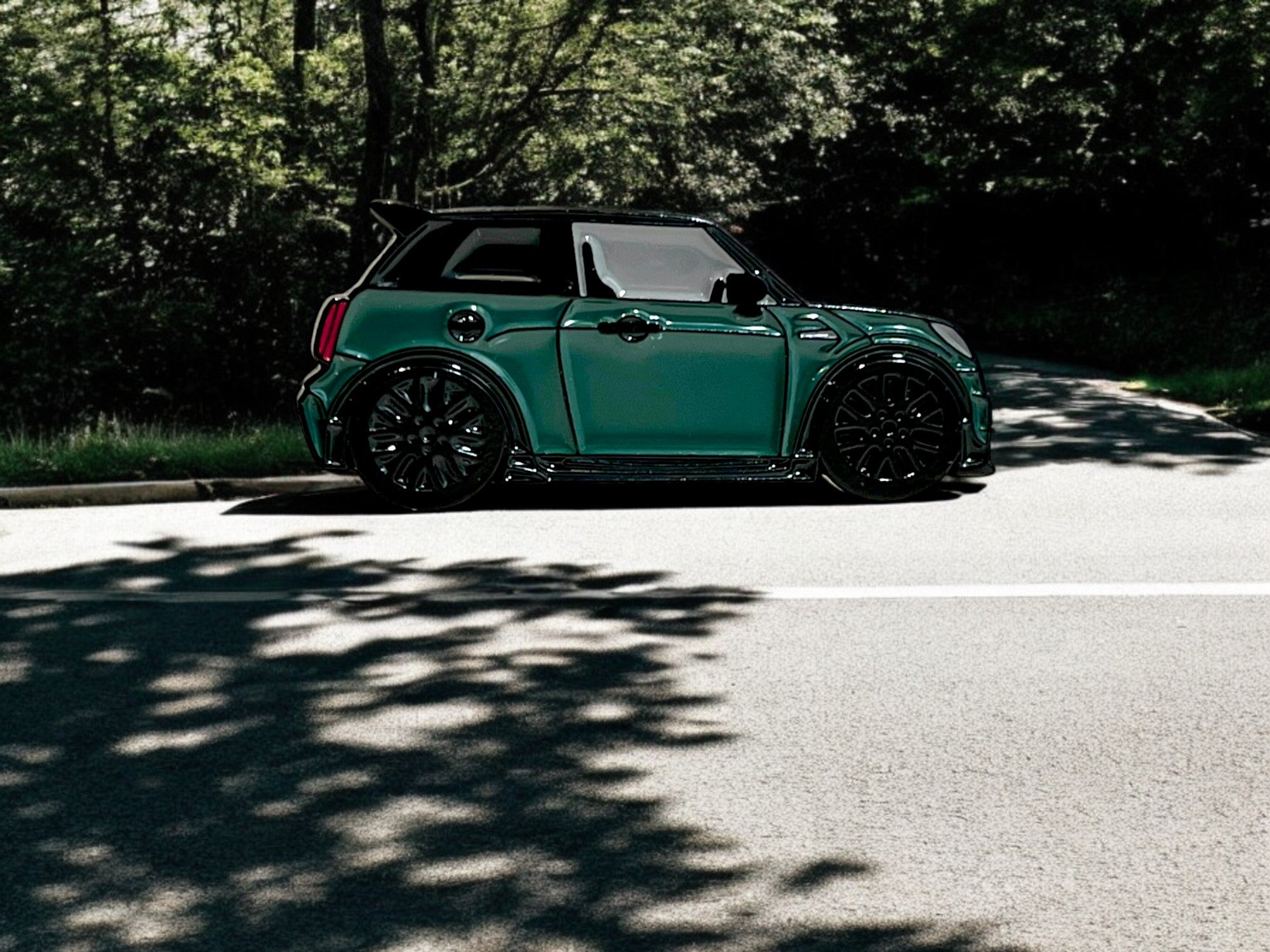 British Racing Green MINI Cooper S JCW pin badge — angled view