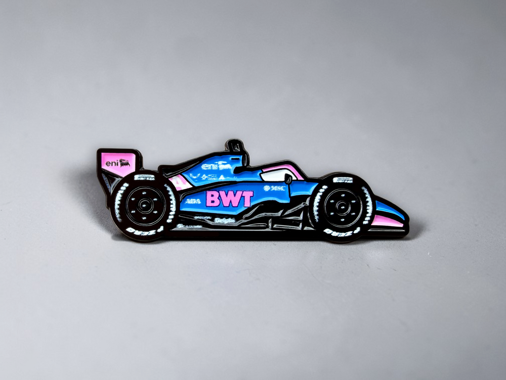 Alpine A526 2026 F1 car soft enamel pin — angled view