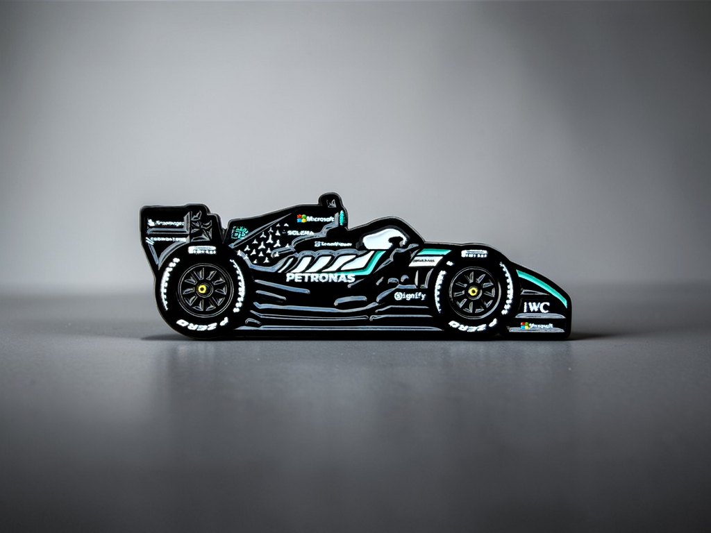 Mercedes-AMG W17 2026 F1 car soft enamel pin — angled view