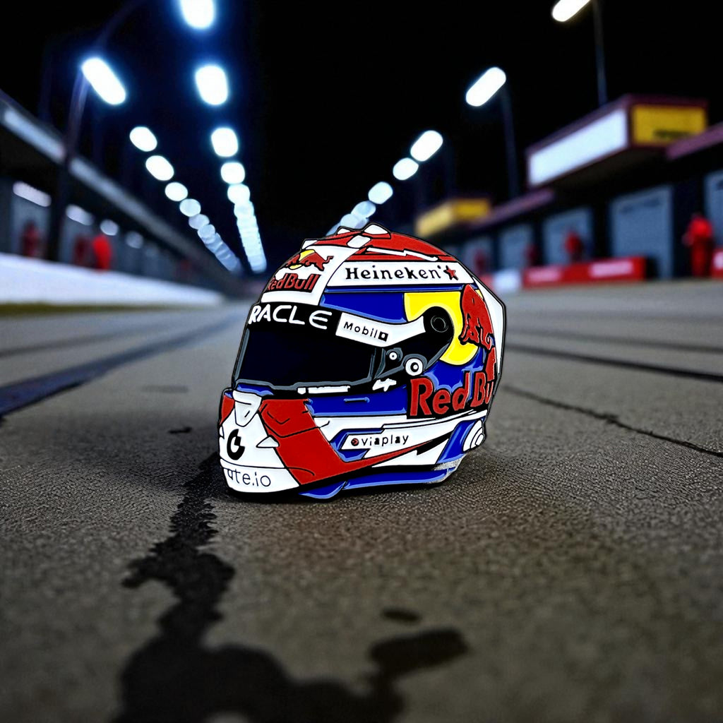 Max Verstappen F1 helmet soft enamel pin badge — angled view