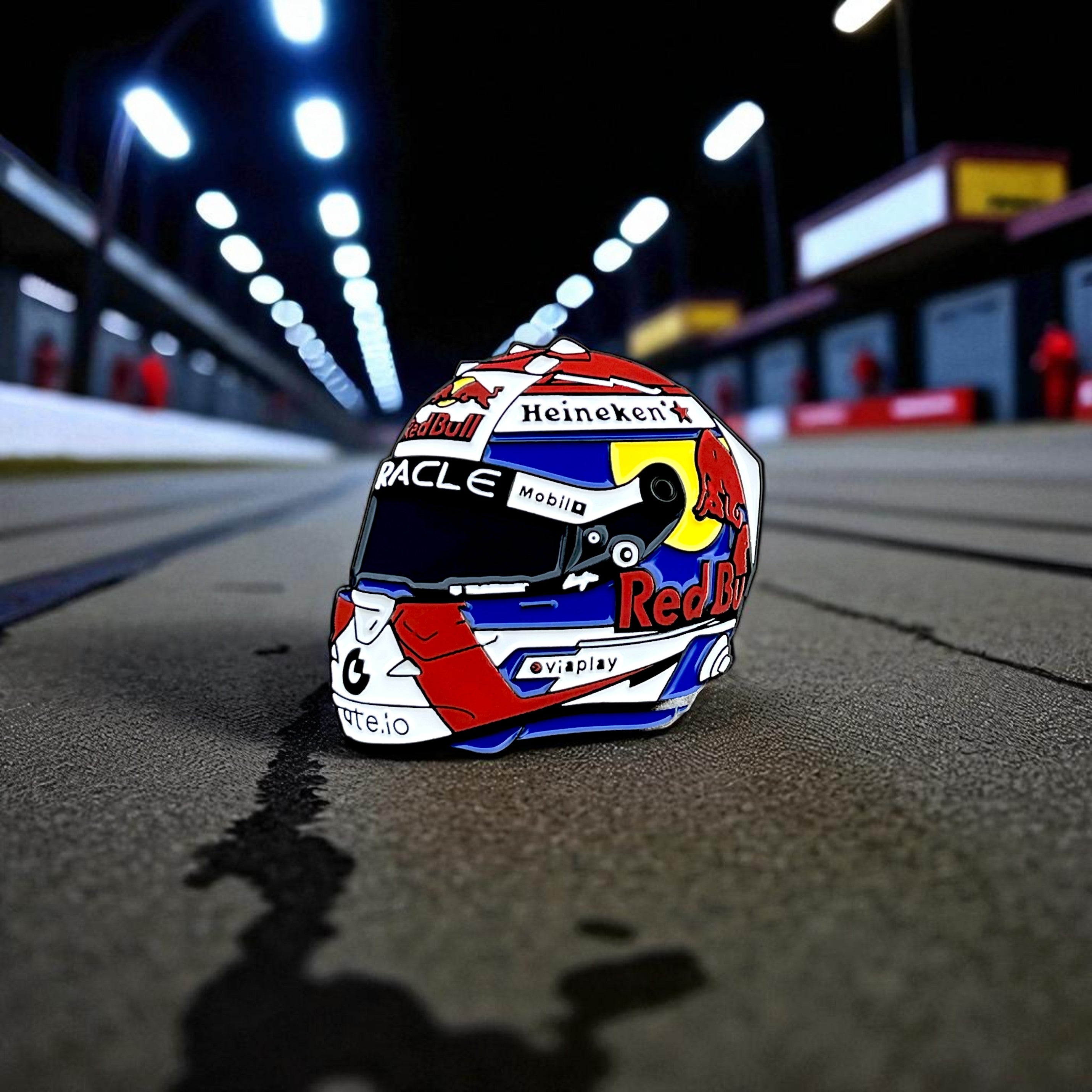 Max Verstappen F1 helmet soft enamel pin badge — angled view