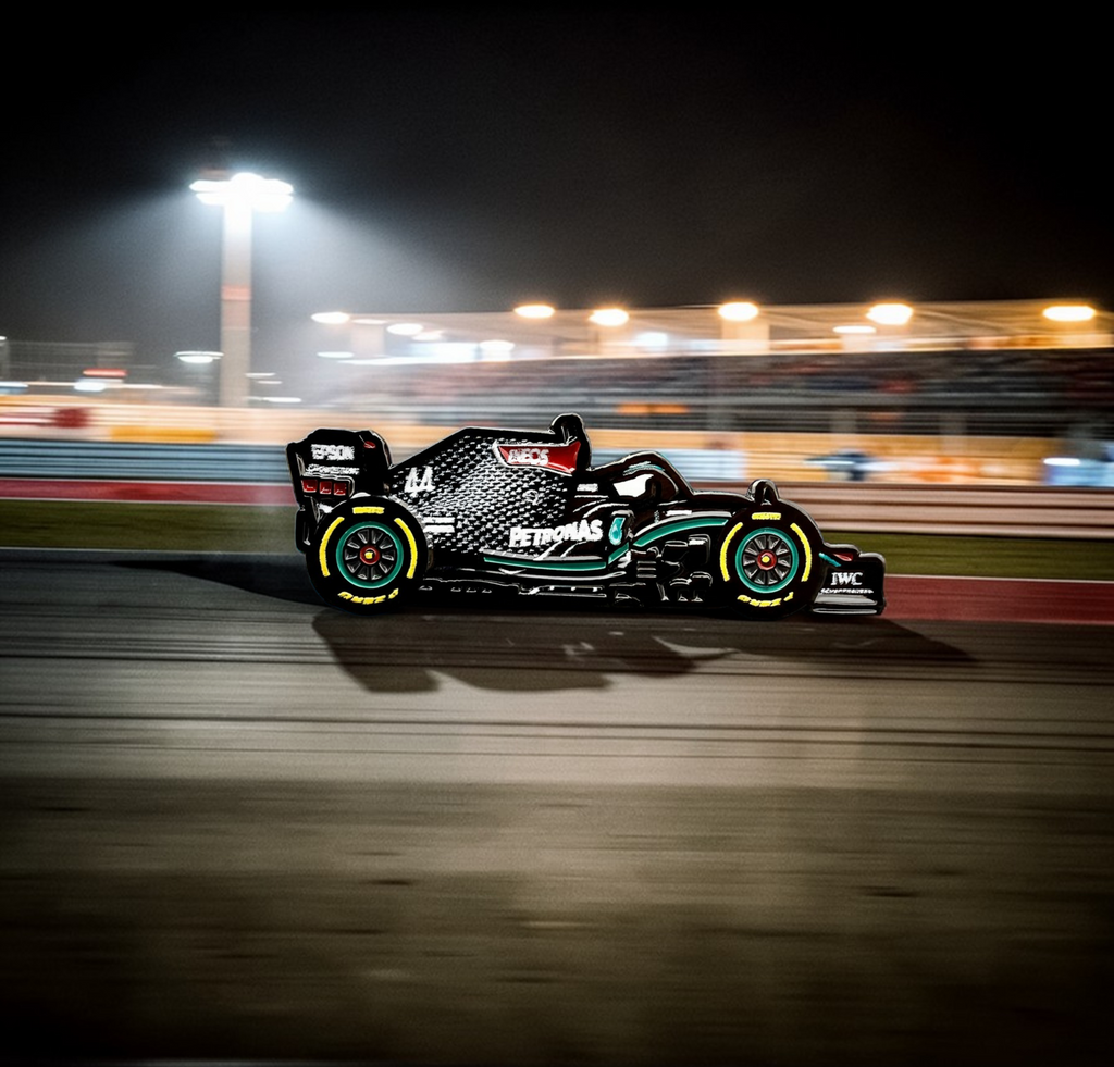 W11 EQ Performance 2020 F1 car soft enamel pin — angled view