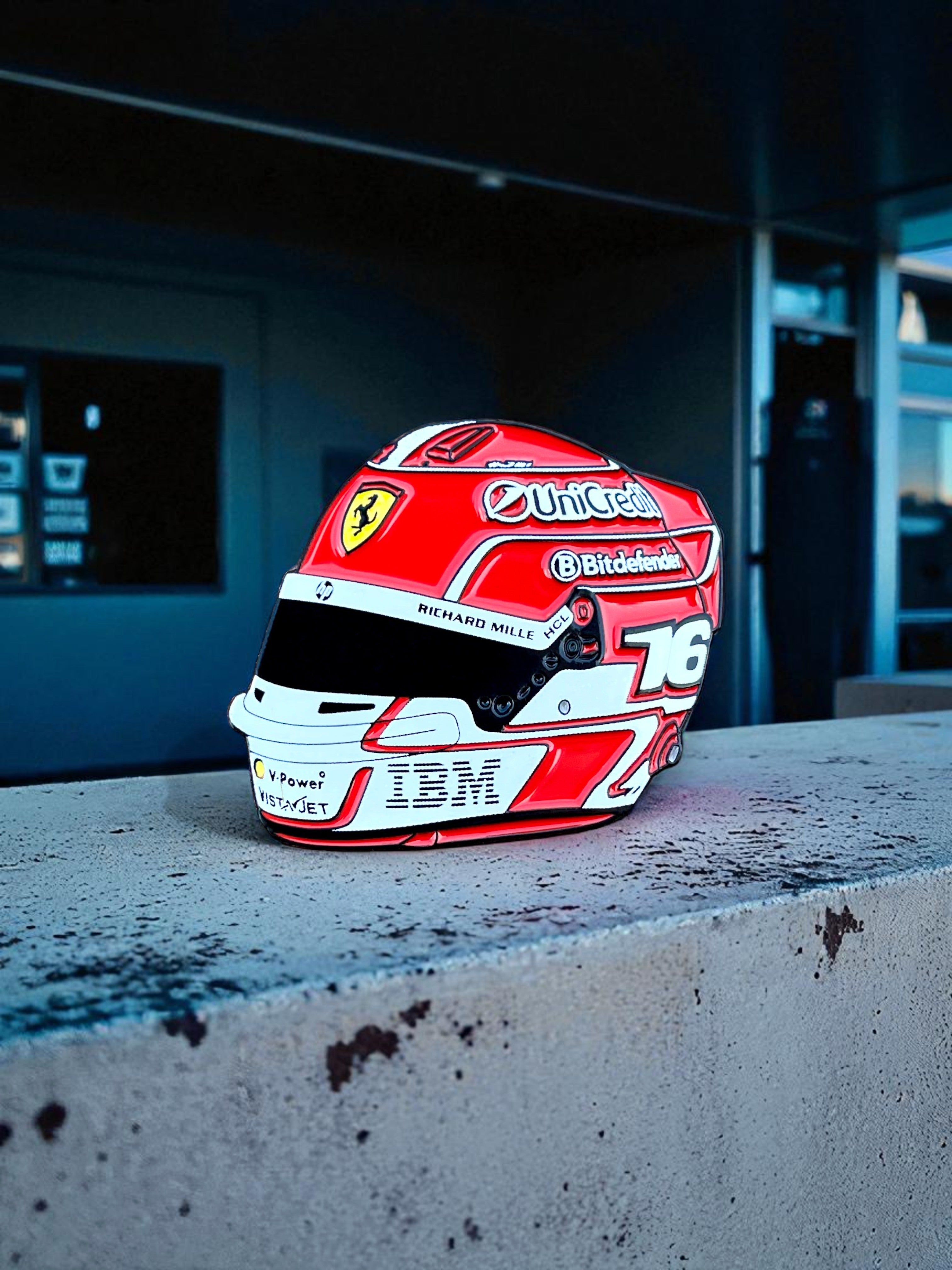 Charles Leclerc F1 helmet soft enamel pin badge — angled view